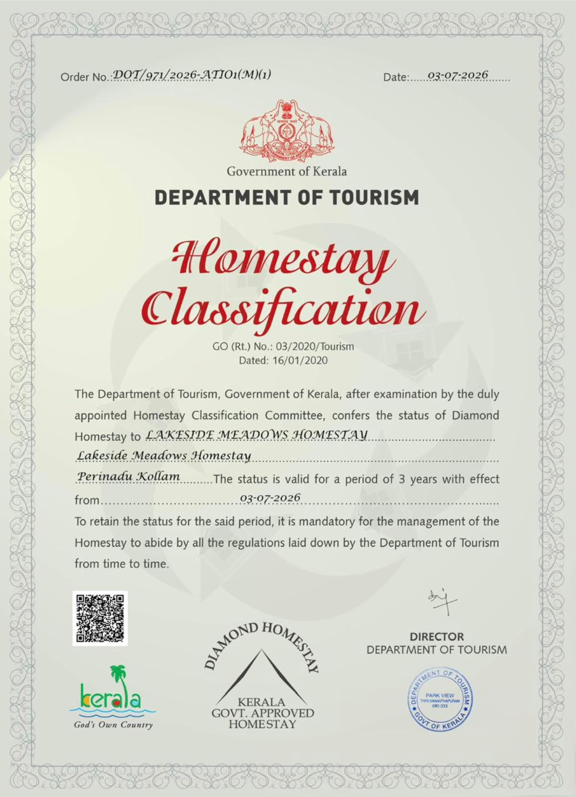 Government of Kerala Diamond Homestay Certification